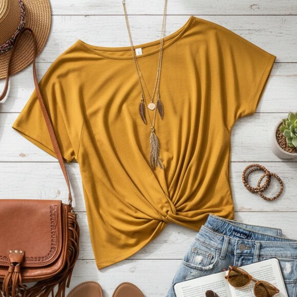 Boho Mustard Yellow Off-the-Shoulder Knot-Front Top - Picture 1 of 10